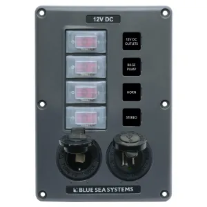 Blue Sea Panel Switch H2O CB 4pos Socket & USB Grey - 1